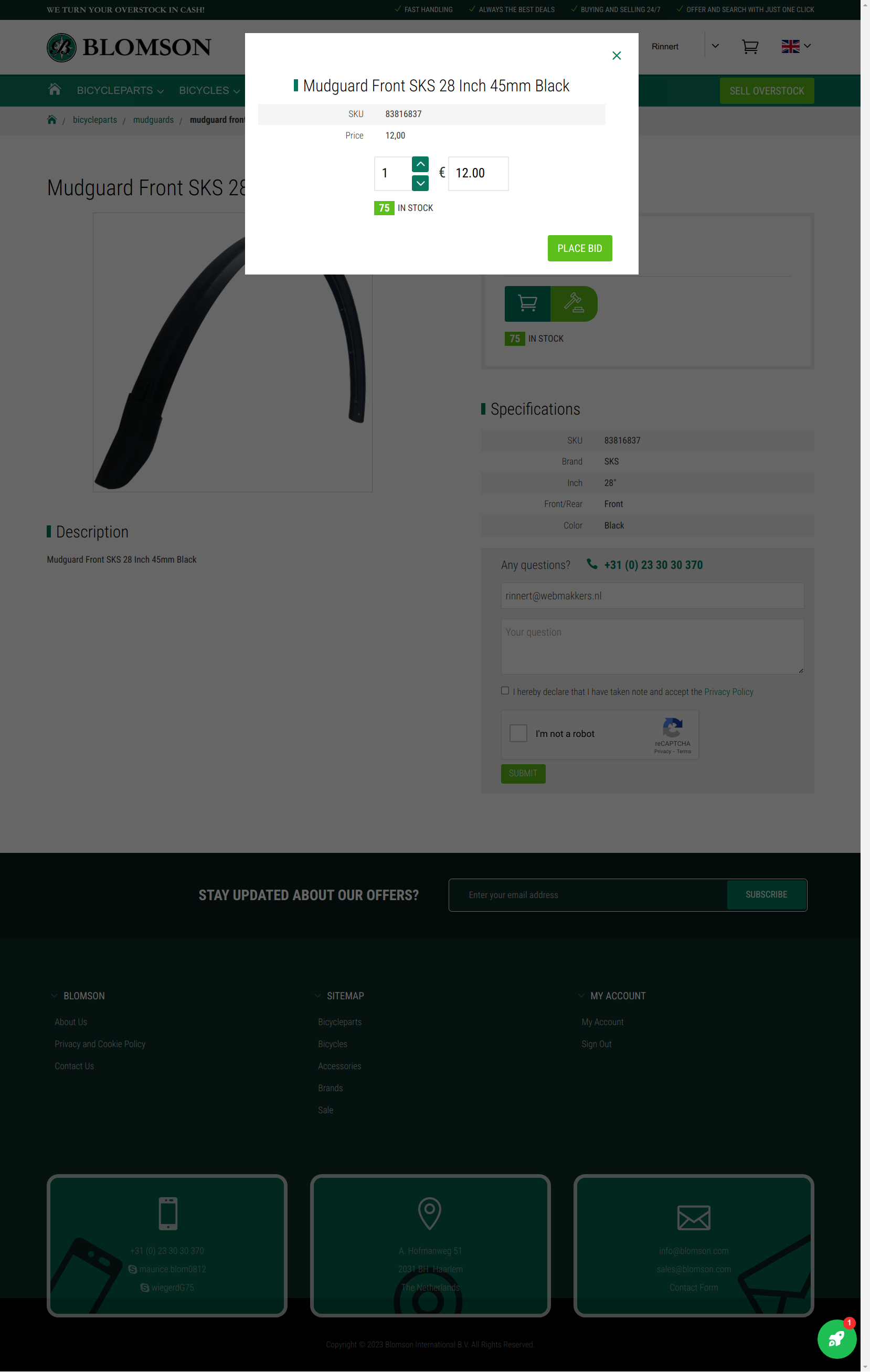 Blomson auction product page on desktop