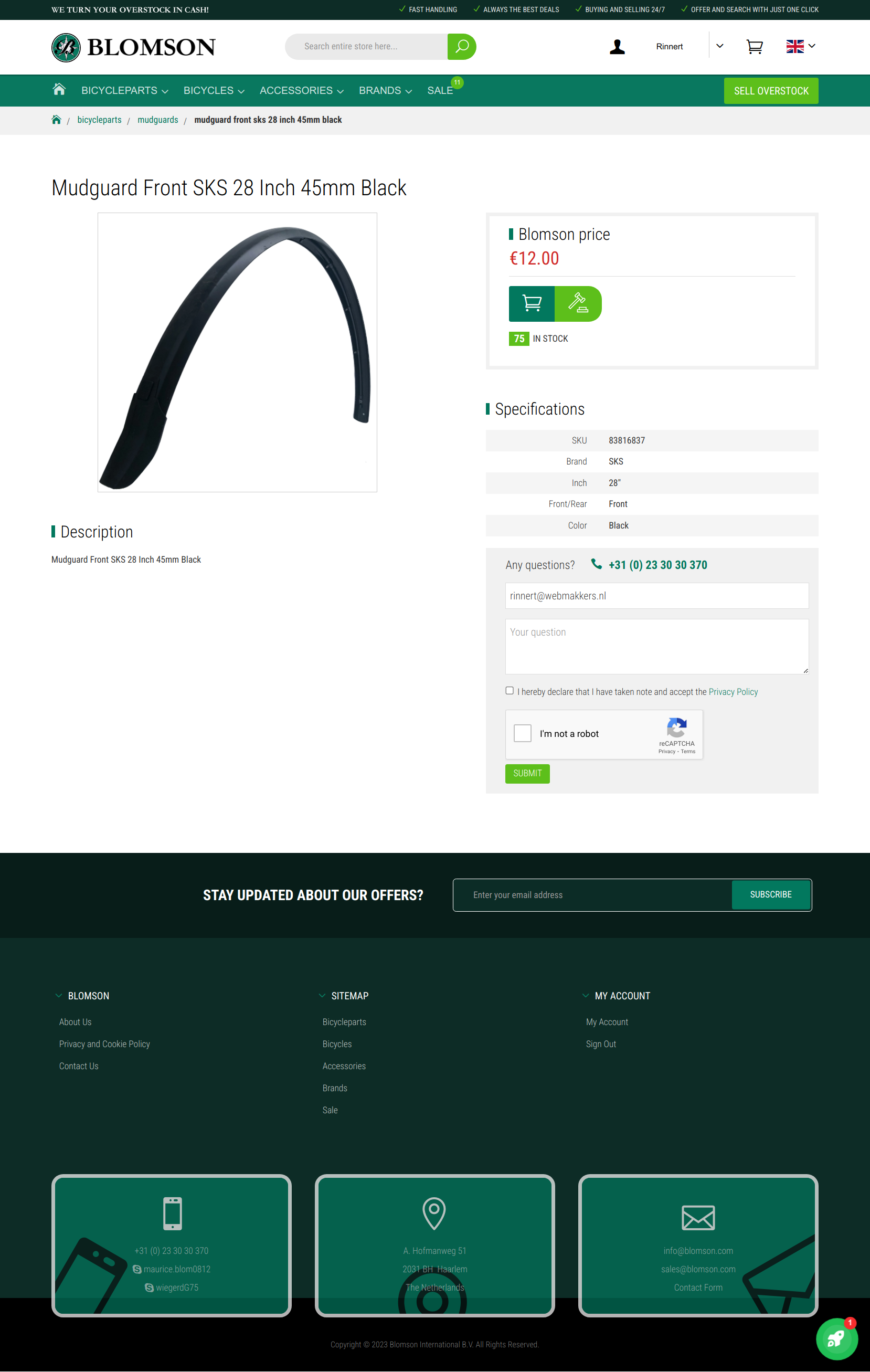 Blomson product page with questions form on desktop